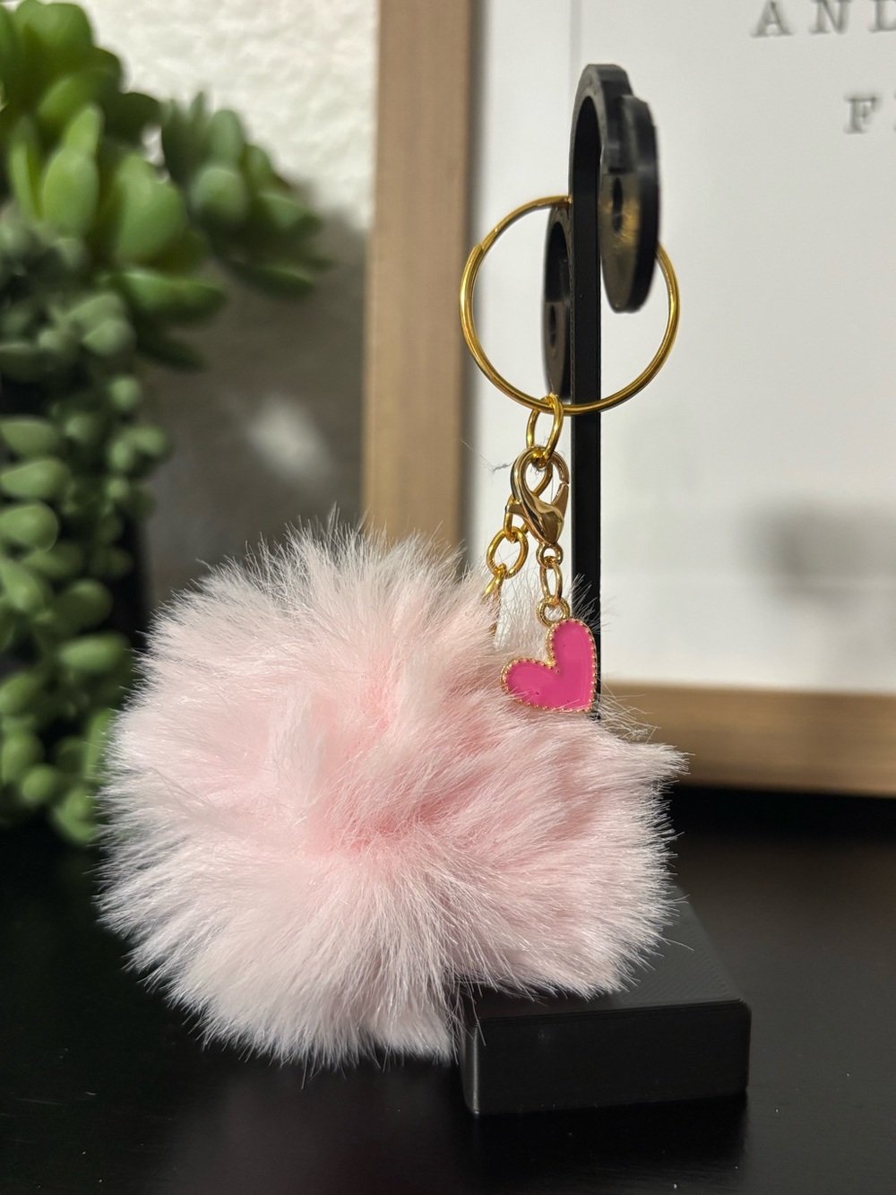 Soft Pink Faux-Fur Pom Pom Keychain with Enamel Heart Charm